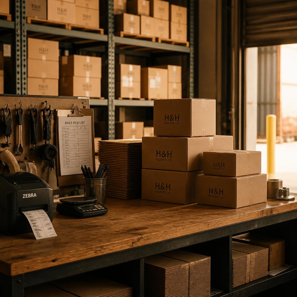Packing bench with kraft boxes in front of stockroom racking